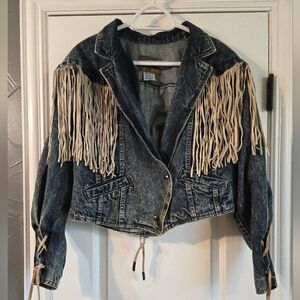 Vintage Prezzia Women's 80s Acid Wash Cropped Denim Jacket Leather Fringe Size L